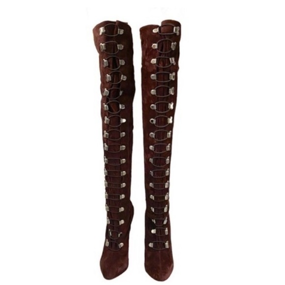 Christian Louboutin Top Croche Over-the-Knee Suede Lace up Boots Dark Purple 37 - Picture 3 of 7